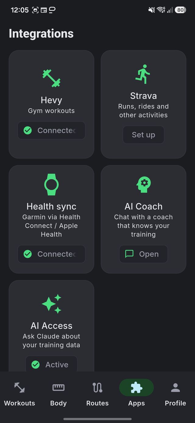 Hirdfit integrations screen showing Hevy connected, Strava ready to set up, health sync connected, the AI coach and AI access