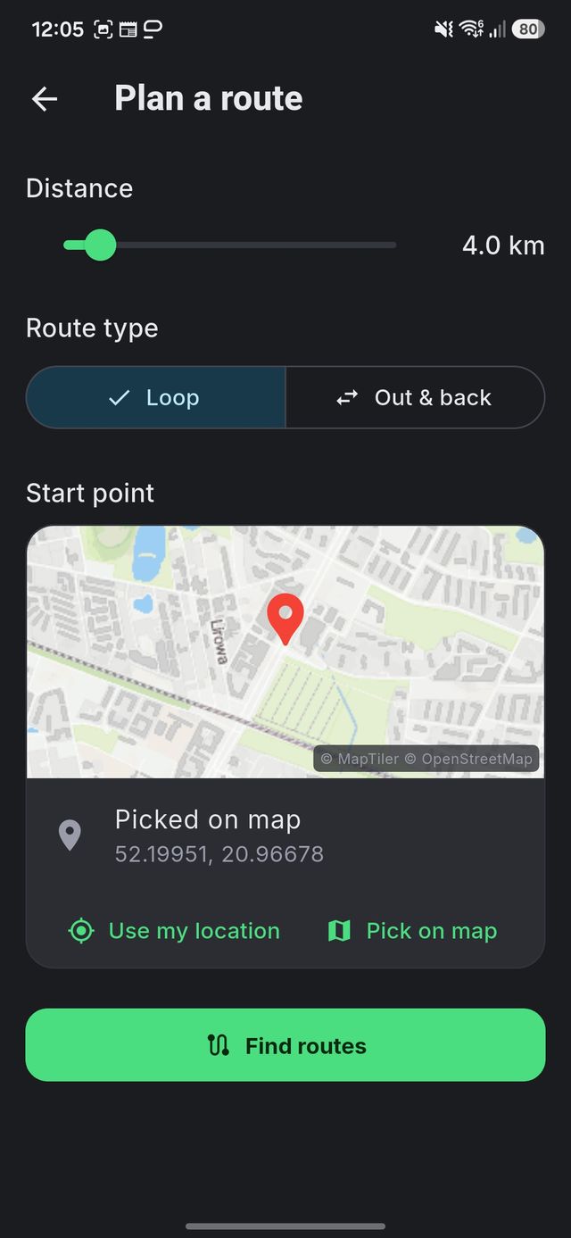 Hirdfit plan a route screen with a distance slider, loop or out-and-back choice and a start point on the map